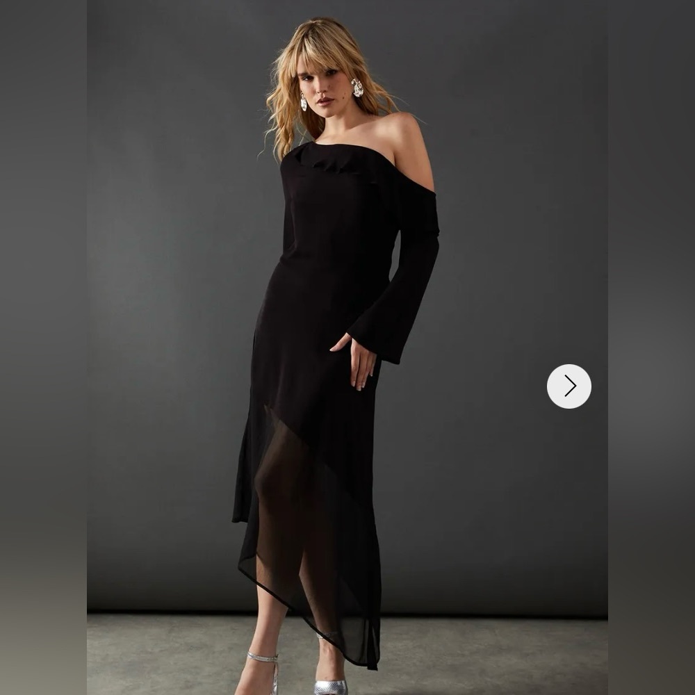 Warehouse Black Long Sleeve fallen Shoulder chiffon hem midi dress